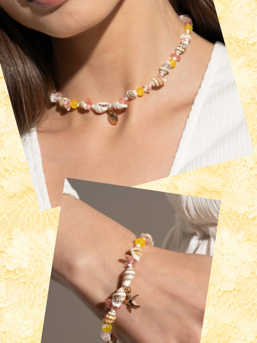 paparazzi Yellow and Pink Seashell Charm Necklace & Bracelet Set